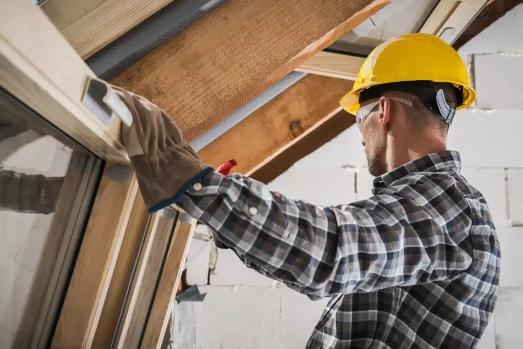Construction worker holding tool to wooden beam