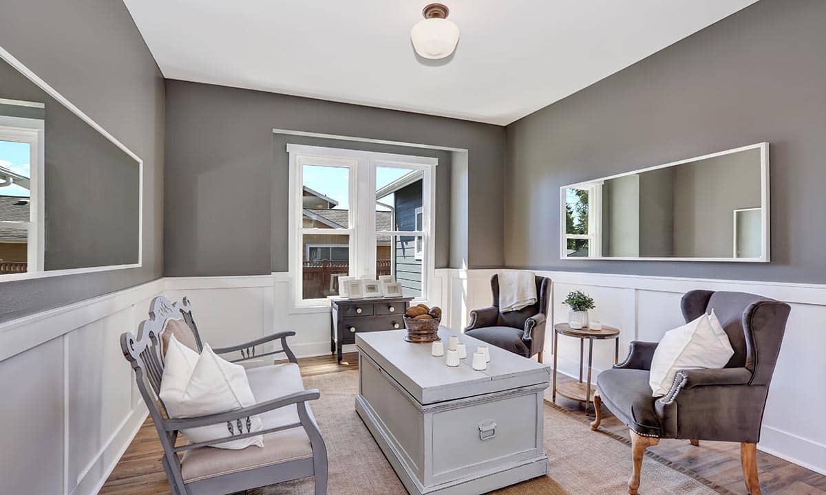 Grey Sitting room interior with vintage furniture and nice decor. Northwest, USA