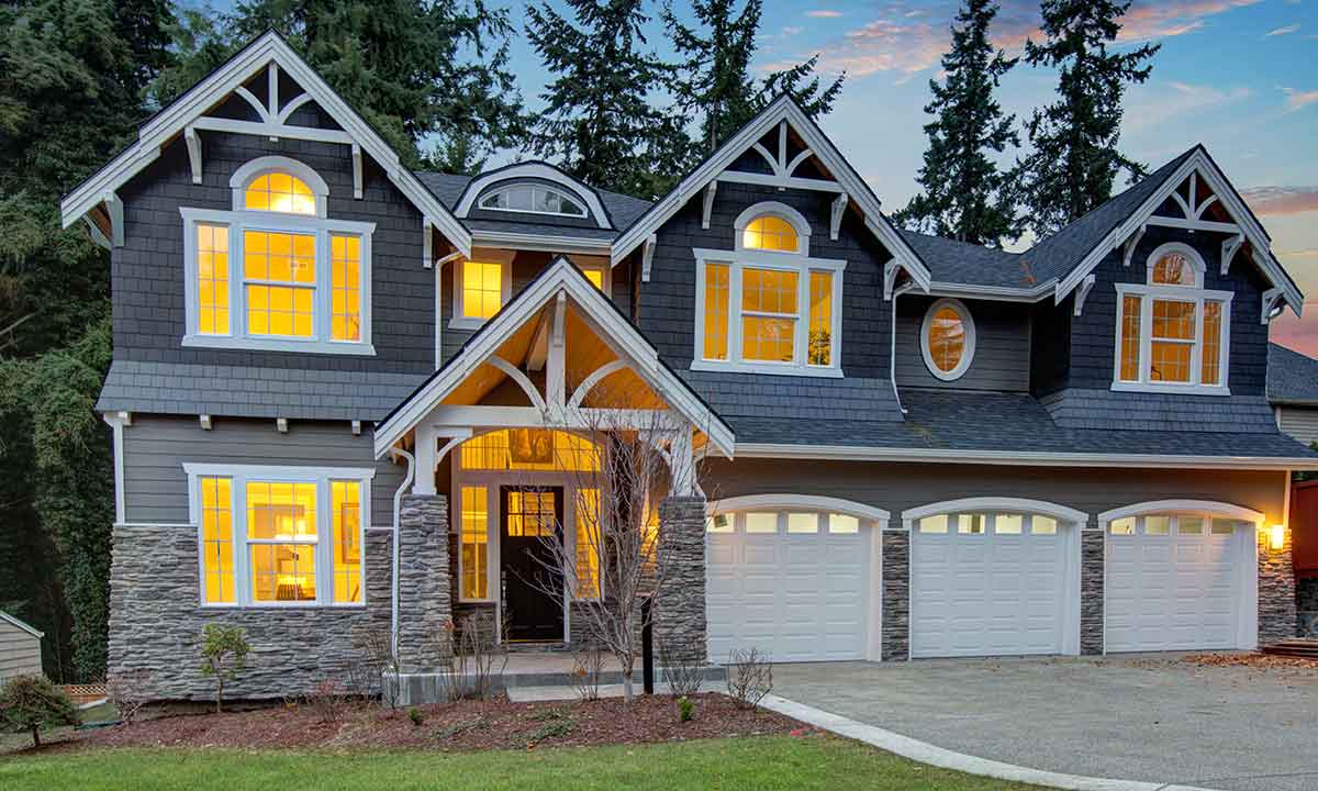 Blue house with geometric shape windows